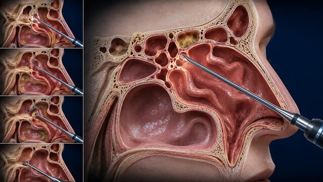 Endoscopic Sinus Surgery with Surgical Instrument in Human Nasal Cavity Cross Section, Paranasal Sinus and Nasal Anatomy, Functional Endoscopic Sinus Surgery Medical Illustration