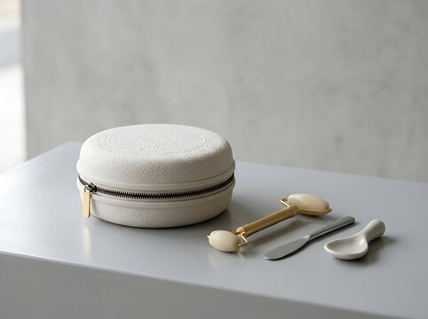 Round white beauty case with facial roller and cosmetic tools on a clean modern table for skincare. exquisite cosmetic bags