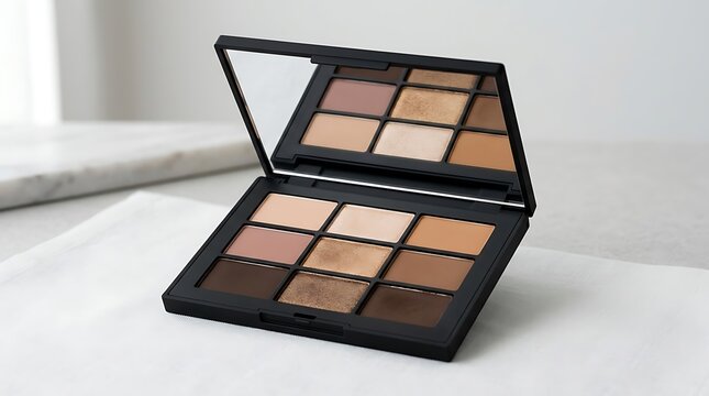 Open makeup palette with various colorful eyeshadow shades and a mirror for beauty and cosmetics use. easy eyeshadow palette