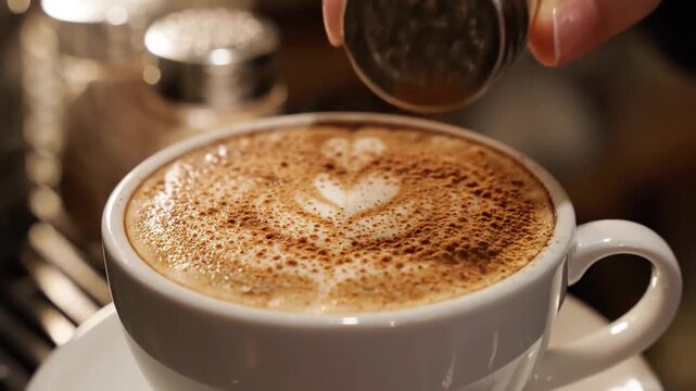Close up macro shot of cinnamon sprinkled onto latte art with a heart design