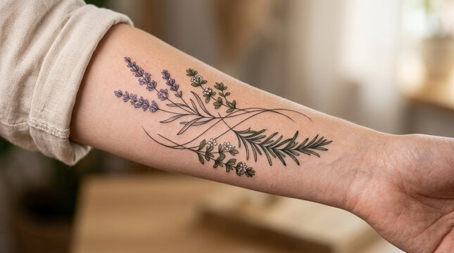 Delicate floral tattoo design on arm: lavender, rosemary, and herbs with infinity symbol.