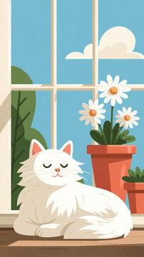 A fluffy white cat rests peacefully on a wooden floor next to a bright window with potted flowers on a sunny day
