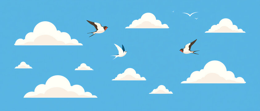 A group of small birds flying through the air across a bright blue sky filled with fluffy white clouds in a peaceful nature scene