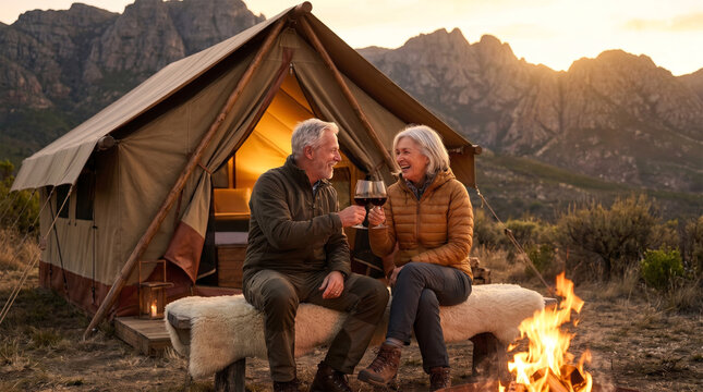 Glamping 007 Senior Couple Toasting with Wine Glasses Sitting on Bench by Campfire Outside Luxury Glamping Tent at Sunset（夕暮れ時の豪華なグランピングテント前でベンチに座り焚き火を囲んでワインで乾杯するシニア夫婦）