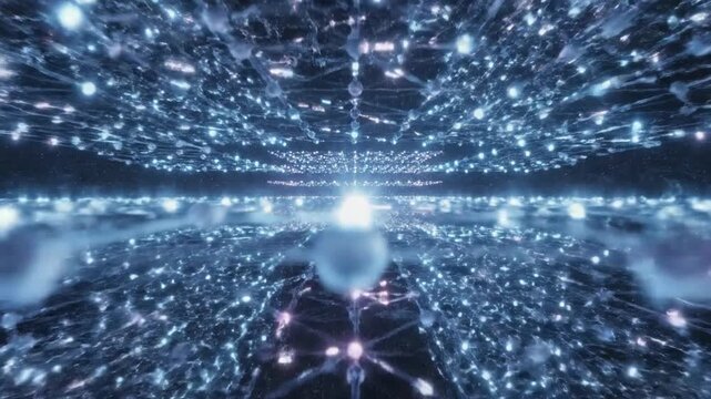 Drone Style Fly Through of 3D Layered Deep Learning Neural Network With Glowing Nodes