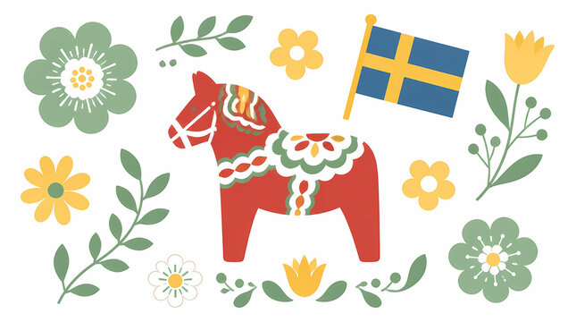 Draped wooden horse with floral patterns surrounded by Swedish flag and colorful flowers in traditional Scandinavian folk art style