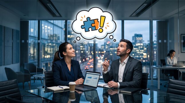 Businessmen having discussion with thought bubble, teamwork and brainstorming concept illustration