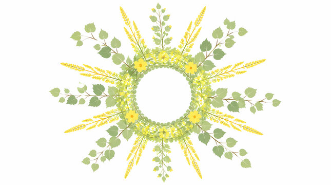 Floral wreath design composed of yellow flowers and green leaves arranged in circular pattern with radiating branches