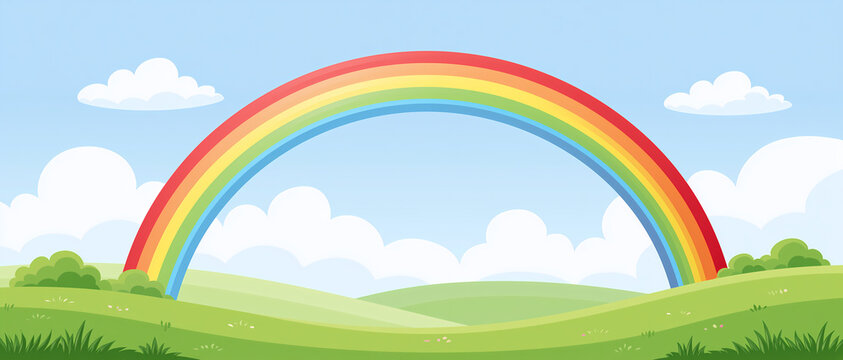 A colorful rainbow arches over a peaceful green meadow with fluffy white clouds in a clear blue sky during a bright sunny day