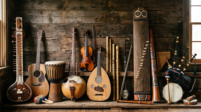 Collection of vintage musical instruments on display.