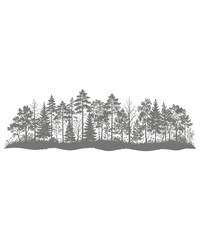 Detailed silhouette of a dense forest landscape with various coniferous and deciduous trees on a white background © meril