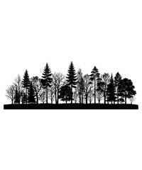 Black silhouette of a dense forest landscape with various deciduous and coniferous trees isolated on white background © meril