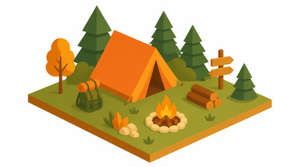 Fototapeta premium Campsite with orange tent and campfire surrounded by pine trees and autumn foliage in isometric style