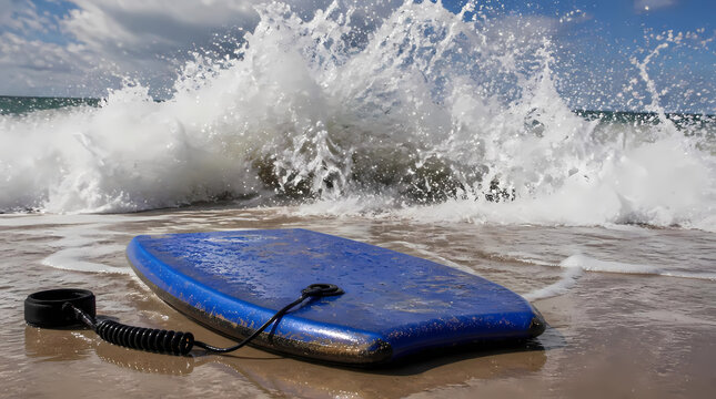 Blue bodyboard resting on wet sand with crashing ocean wave in background under partly cloudy sky