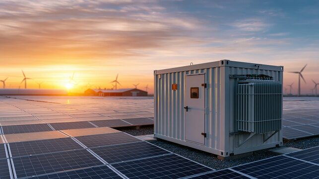 Rural microgrid with solar panels and energy storage at sunrise