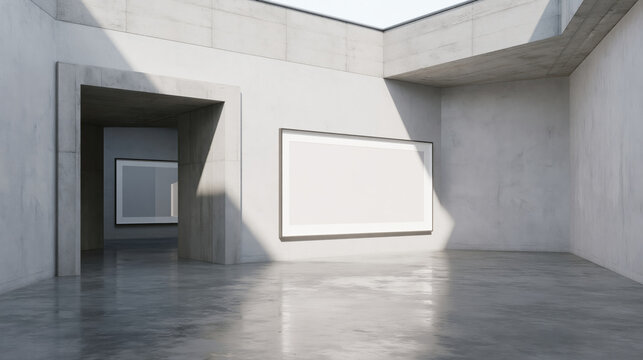 Minimalist concrete interior empty gallery space modern architecture skylight room white wall polished floor geometric shape natural light shadow pattern