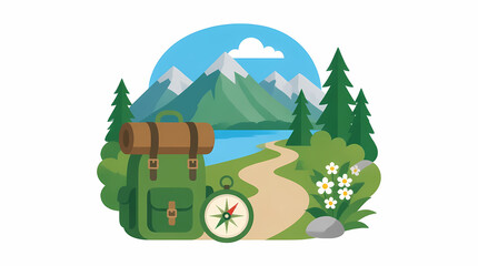Fototapeta premium Hiking Backpack and Compass on Nature Trail Leading to Mountain Lake with Pine Trees and Wildflowers