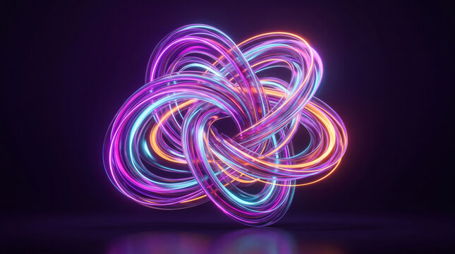 Abstract 3d render of a glowing neon torus knot, futuristic digital art with vibrant purple, blue, and orange light trails on a dark background