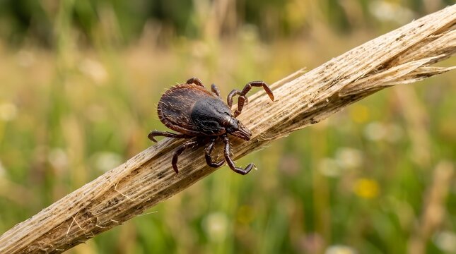 Macro view of common wood tick crawling on dry grass stem