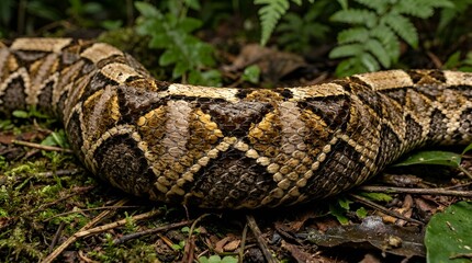 Obraz premium Close-up of a venomous pit viper snake's patterned scales in a forest setting.