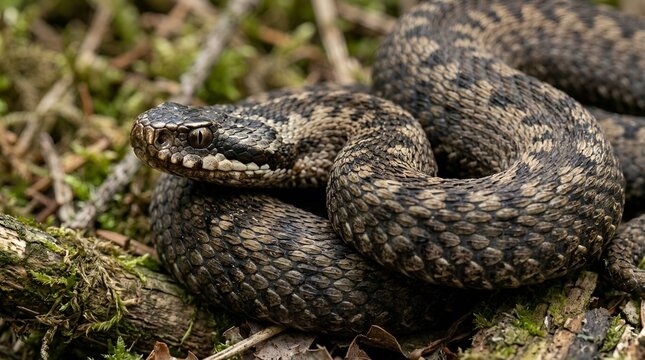 Close-up of a patterned viper snake coiled on mossy ground in natural habitat