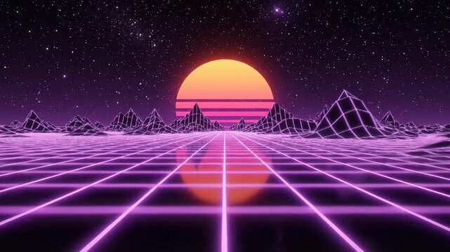 Retro 80s Synthwave Grid Landscape With Neon Sunset And Distant Mountains