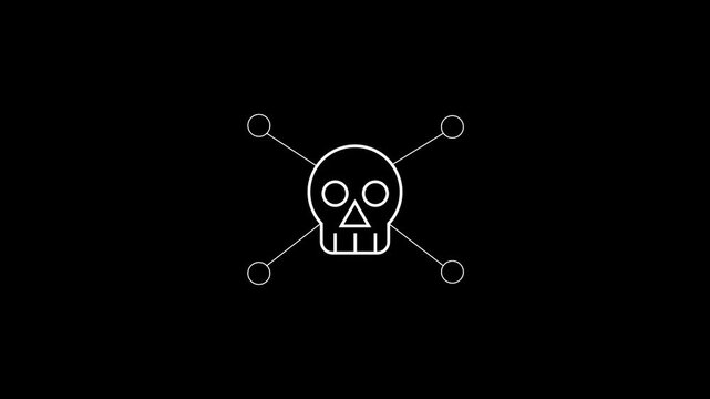 animated skull and crossbones warning icon with bounce intro, expanding connection lines and circular node reveal motion graphics.