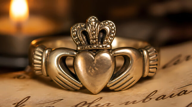 Claddagh Ring Resting on Vintage Letter with Candlelight Background