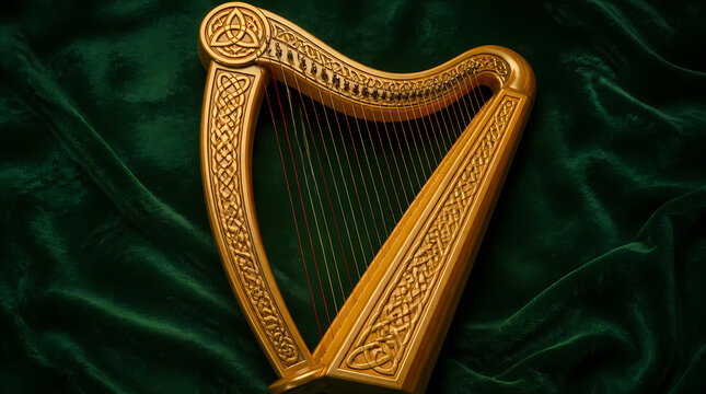 Golden Celtic harp with intricate knotwork design resting on rich green velvet fabric background