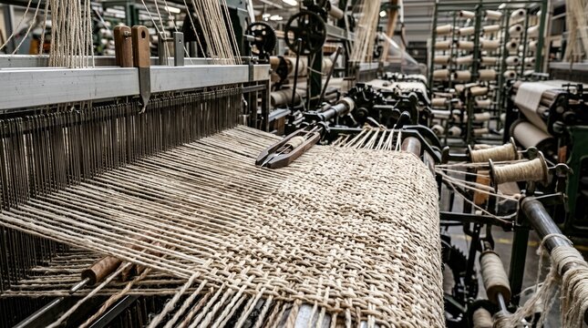 Close-up of a weaving loom in a textile factory, industrial fabric production