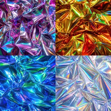 Wrinkled Foil Texture Set &mdash; Holographic Crushed Film in Four Colorways, 2x2 Grid, Photorealistic Macro.jpg