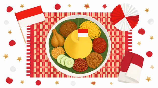 Indonesian National Day Celebration Food Platter with Flag and Decorations on Checkered Mat