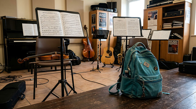 Music studio with instruments and sheet music stands.