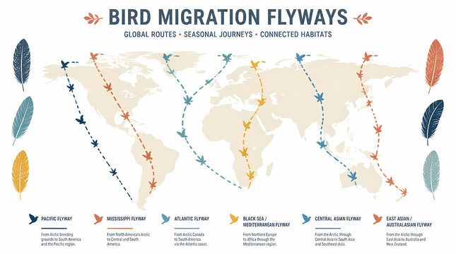 Bird Migration Flyways Global Routes Seasonal Journeys Connected Habitats Map Featuring Colorful Flight Paths Across Continents With Feather Decorations