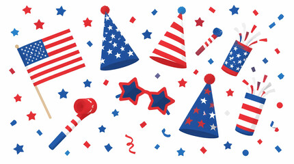 Obraz premium American Independence Day celebration party decorations including flag confetti hats fireworks and star-shaped glasses with white blue color scheme