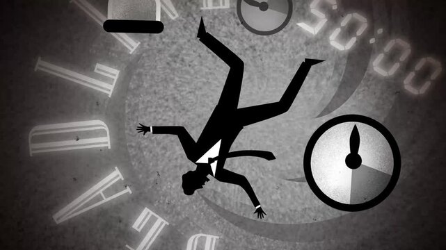 desperate male office worker falling into a vortex surrounded by deadline clocks