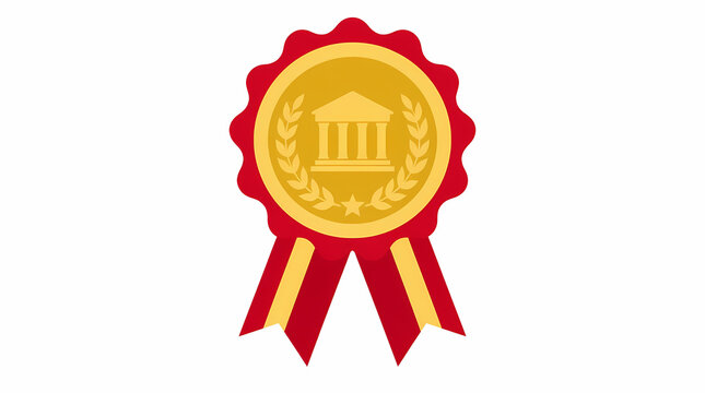 Award ribbon with golden circular medal featuring classical building emblem and laurel wreath design on and gold ribbons