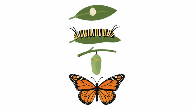 Butterfly life cycle stages including egg on leaf, caterpillar eating leaves, chrysalis hanging from branch, adult butterfly with orange wings