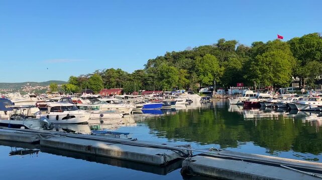 Boats moored in Istinye Marina (Istinye Boat Park) at Sariyer District in Istanbul, Turkey. It's located on the European side of the Istanbul Bosphorus. (4K video)