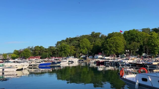 Boats moored in Istinye Marina (Istinye Boat Park) at Sariyer District in Istanbul, Turkey. It's located on the European side of the Istanbul Bosphorus. (4K video)