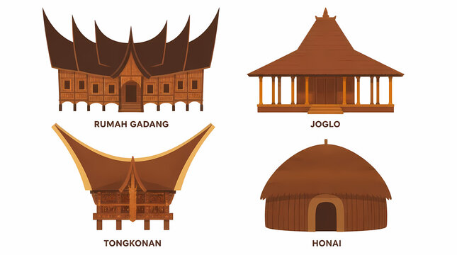 Traditional Indonesian Houses Illustration of Rumah Gadang Joglo Tongkonan Honai Wooden Architecture Structures