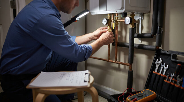 Plumber performs preventive maintenance on tankless water heater, adjusting valves and documenting service findings to support plumbing safety, home maintenance and efficient hot water systems.
