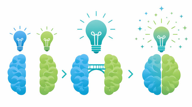 Brain connecting two hemispheres with lightbulb symbols representing idea generation and cognitive synergy across left and right brain functions