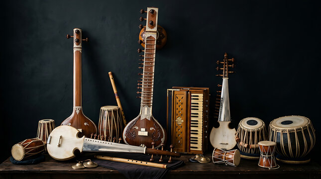 Traditional Indian Musical Instruments Collection Display.