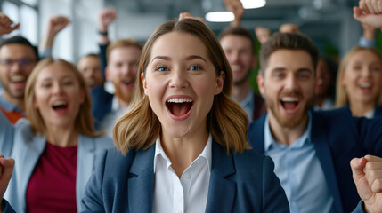 Obraz premium Cheerful office team young adult smiling woman business suit raised arm group celebration workplace crowd blurred background corporate success happy expression