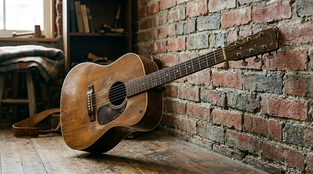 Vintage acoustic guitar leaning against brick wall.