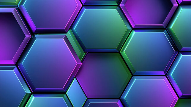 Abstract wallpaper metallic surface smooth gradient hexagon pattern purple blue green futuristic 3d render vivid glow modern geometric background