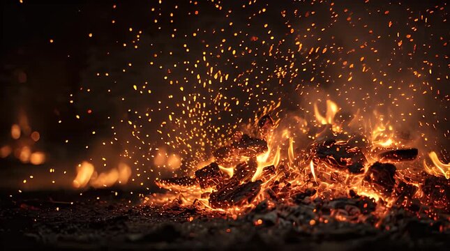 Glowing Embers and Sparks from Burning Wood