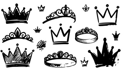 Grunge Royal Crown and Tiara Sticker Collection Hand Drawn Vector © MdAsif