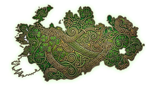 Stylized Map of Ireland with Celtic Knotwork and Shamrocks